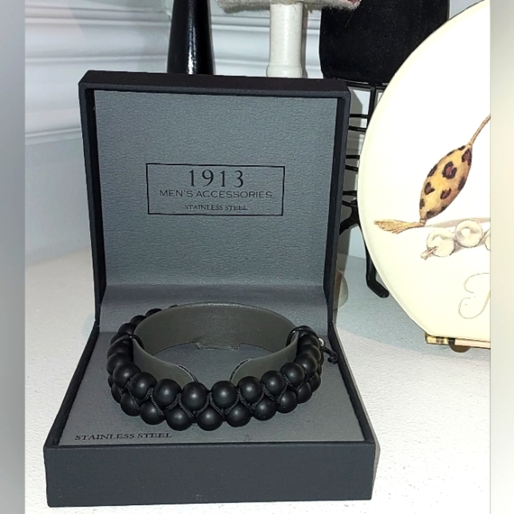 1913 Stainless Steel Men's Accessories Braided Matte Onyx Beads Bracelet NIB